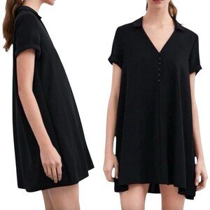 ZARA Black Short Sleeve V-Neck Buttoned Front Collared Shirt Dress Size Small